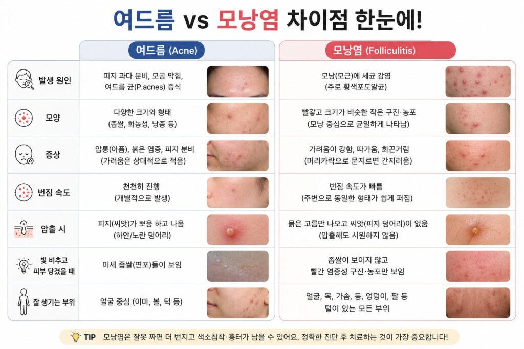 모낭염, 여드름 차이